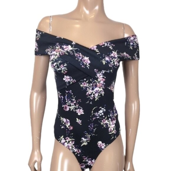 3/$20 Dynamite Floral Off Shoulder Bodysuit Top Short Sleeve Thong Stretch Scuba - Picture 1 of 13